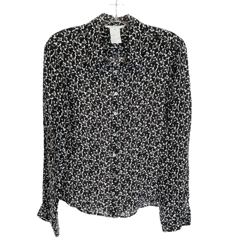 Womens Size 6 Gerald Darel Gray Pure Silk Retro Floral Button Down Blouse Top